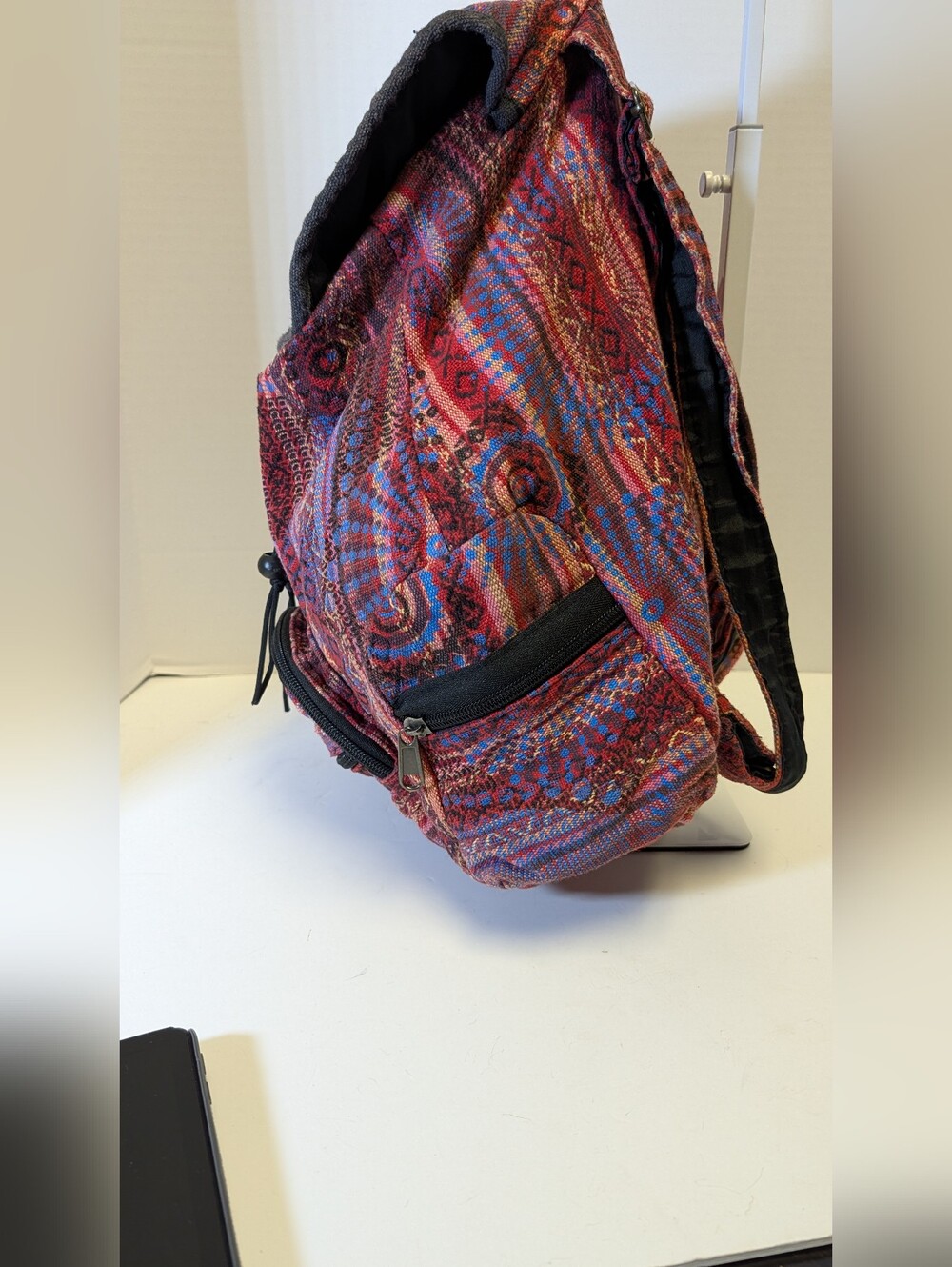 Handwoven Red Pattern Drawstring Backpack - Picture 2 of 7